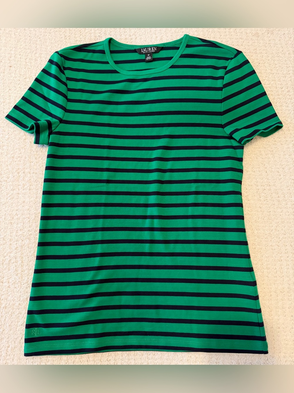 Lauren Ralph Lauren T-Shirt Size M Green Blue Striped Cotton Crew Neck